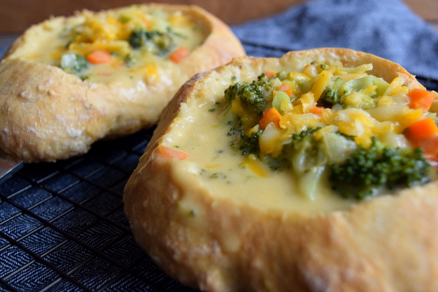 Broccoli and Cheese Soup in Bread Bowls