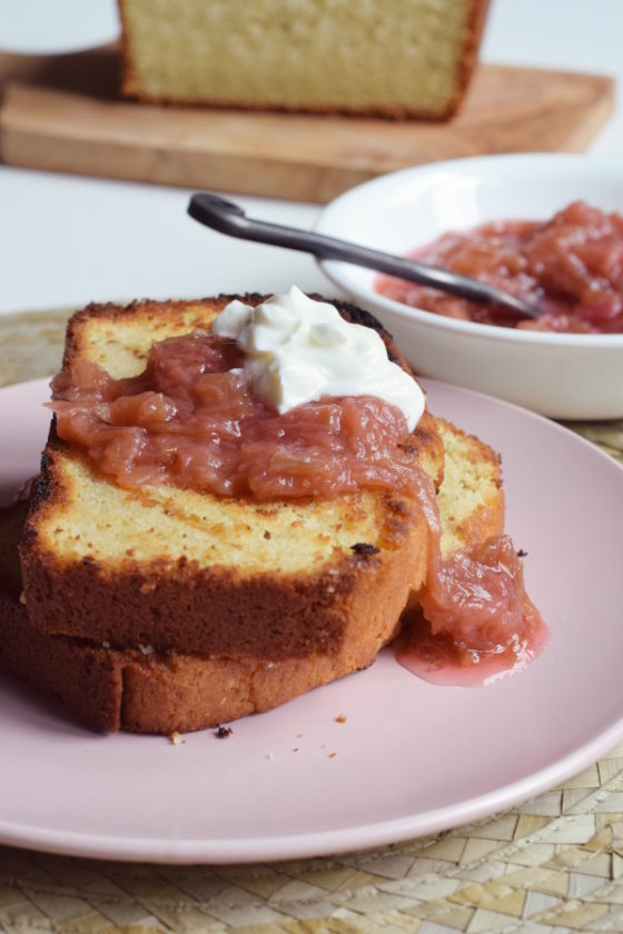 Grilled Pound Cake with Rhubarb Compote. Moist buttery cake topped with sweet & tart summer rhubarb. #summerdessert #easy