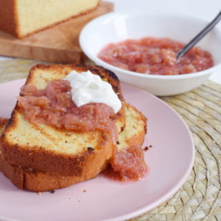 Grilled Pound Cake with Rhubarb Compote. Moist buttery cake topped with sweet & tart summer rhubarb. #summerdessert #easy